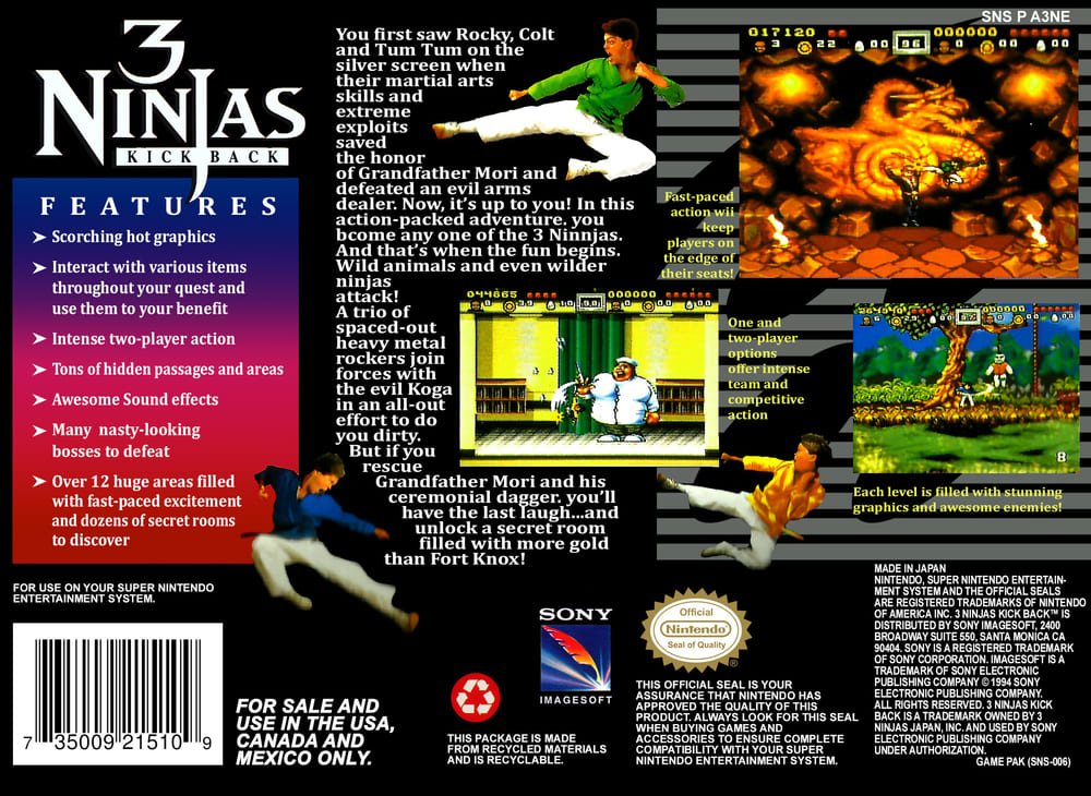 Back cover: a feature list promising "scorching hot graphics", three in-game screenshots, and the Sony Imagesoft logo