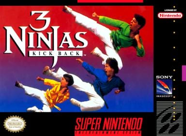 3 Ninjas Kick Back, North American front cover: the three brothers mid-kick against a purple and red background