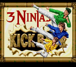 Title screen: the 3 Ninjas Kick Back logo bursting through a bamboo frame, the three brothers mid-kick around it