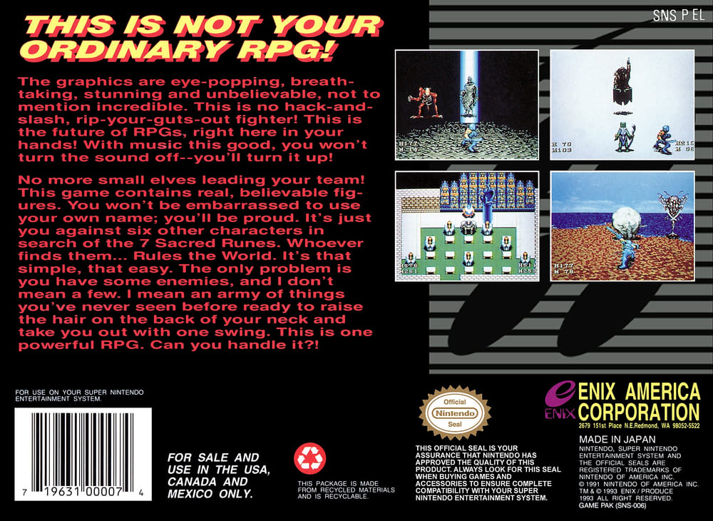 Back cover headed "THIS IS NOT YOUR ORDINARY RPG!", with four screenshots and a wall of red marketing copy