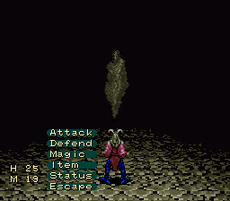 A battle in a dark cave against a shadowy figure, the command menu listing Attack, Defend, Magic, Item, Status, Escape