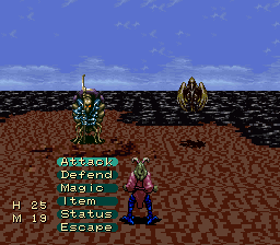 A battle on cracked lava ground against two winged enemies