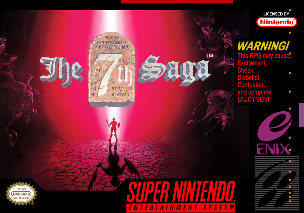 The 7th Saga, North American front cover: a lone swordsman standing in a magenta spotlight beneath a rune-covered tablet, demons lurking in the darkness around him