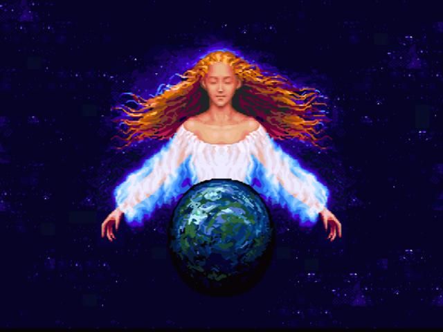 Intro artwork: a long-haired figure in white, arms outstretched above the planet against a starfield