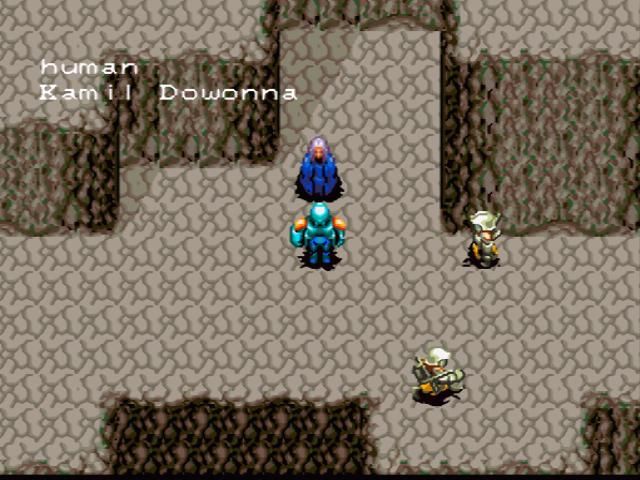 A character introduction in a stone chamber, captioned "human - Kamil Dowonna"
