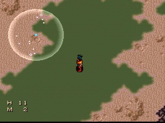 The overworld with the crystal ball radar active - a translucent disc plotting nearby towns and enemies
