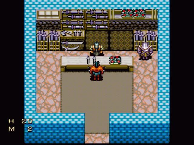 A weapon shop interior, racks of swords and armour lining the walls