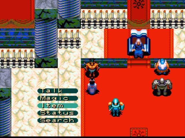 A red-carpeted throne room with the action menu open: Talk, Magic, Item, Status, Search
