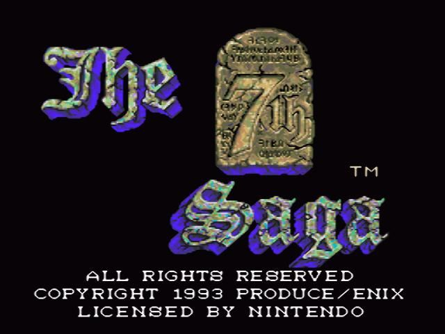 Title screen: The 7th Saga in ornate lettering around a rune-covered tablet, with the 1993 Produce/Enix copyright beneath
