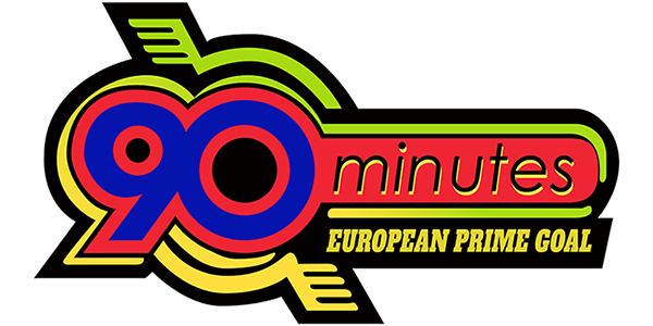 The 90 Minutes: European Prime Goal logo - a red and blue "90" roundel with green and yellow wings, "minutes" across it and "EUROPEAN PRIME GOAL" beneath