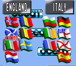 The team selection screen, showing national teams arranged with flag icons