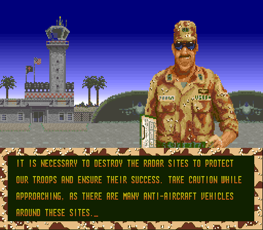 Mission briefing screen, showing target sprites and pre-mission intel