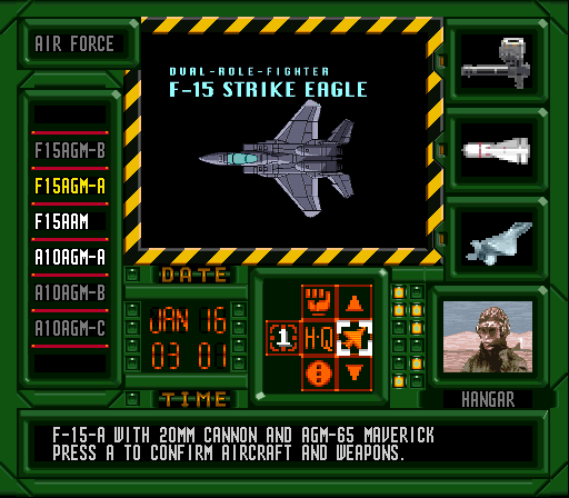 Weapon loadout and plane selection screen