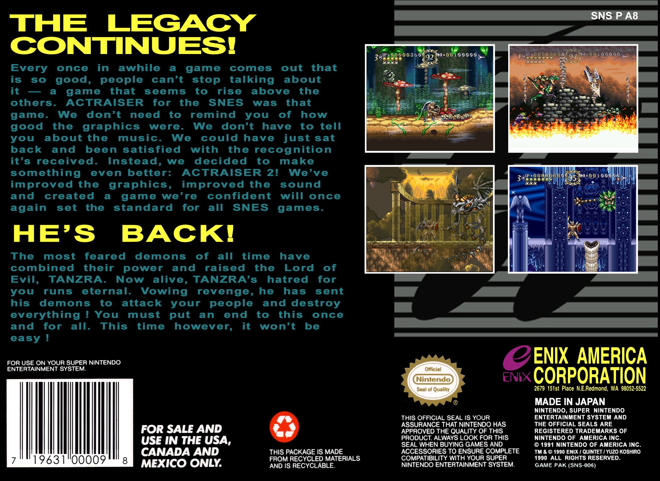 ActRaiser 2, US back cover